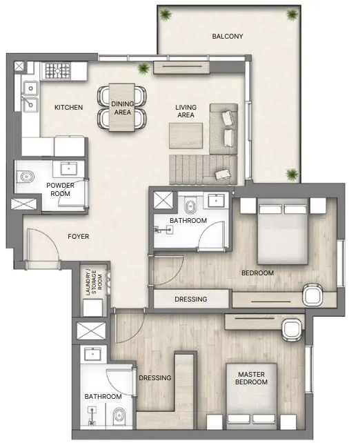 Al Hamra Greens 2 bed floor plan, 1,103 sqft