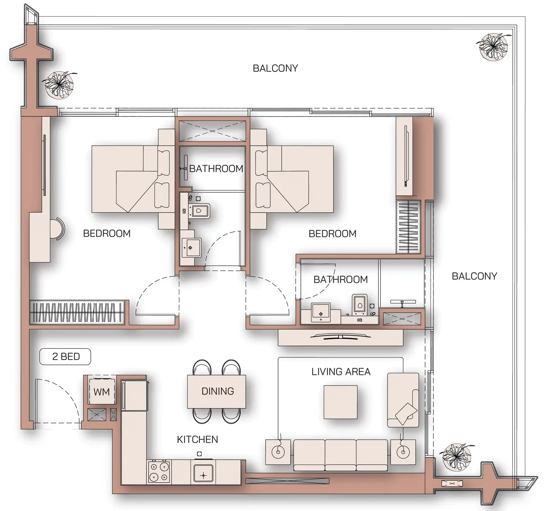 Binghatti Pinnacle 2 bed floor plan, 1,324 sqft