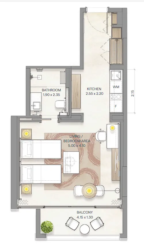 Bloom Arjaan by Rotana  Studio floor plan, 510 sqft