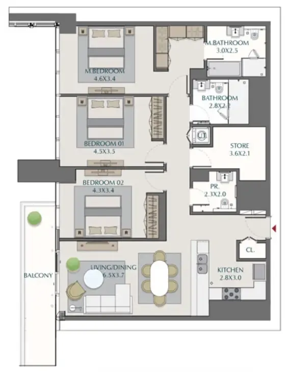 Wasl1 1 Residences 3 bed floor plan, 1,729 sqft