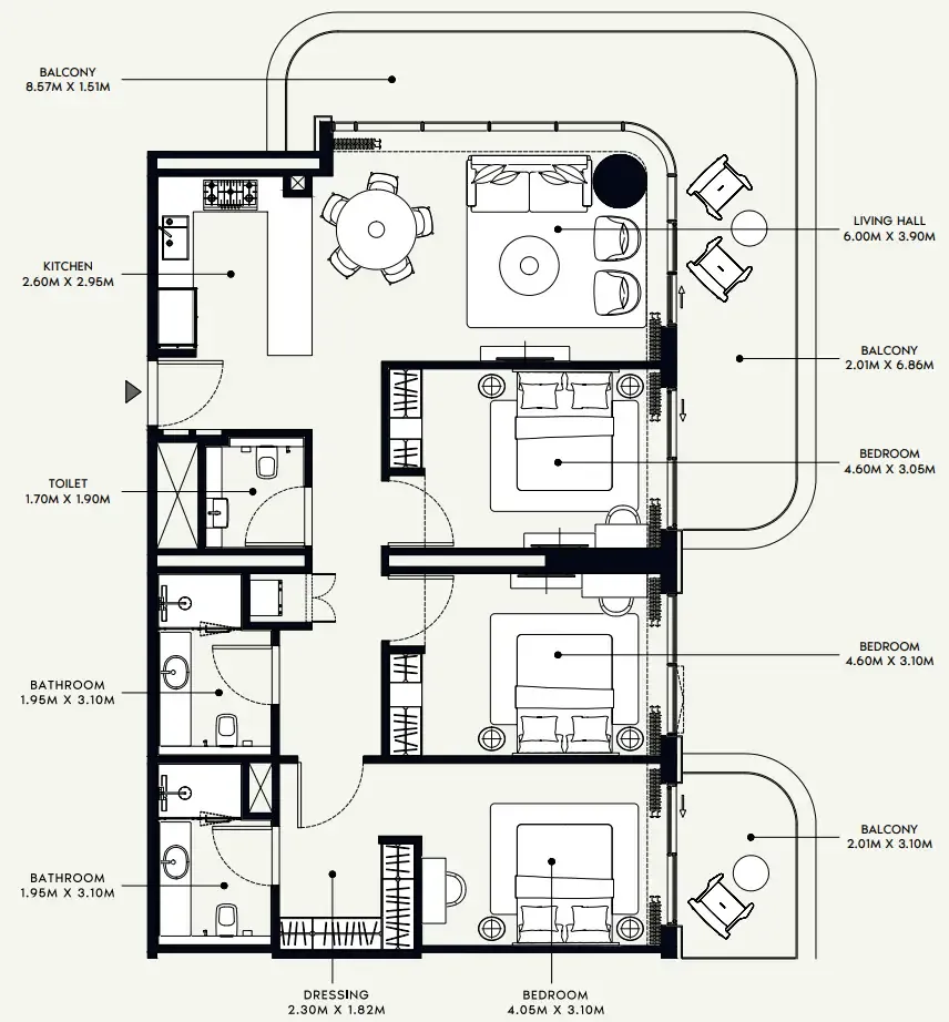 Azizi Venice 3 bed floor plan, 1,643 sqft