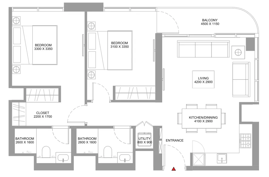 Starline Beach Residences 2 bed floor plan, 864 sqft