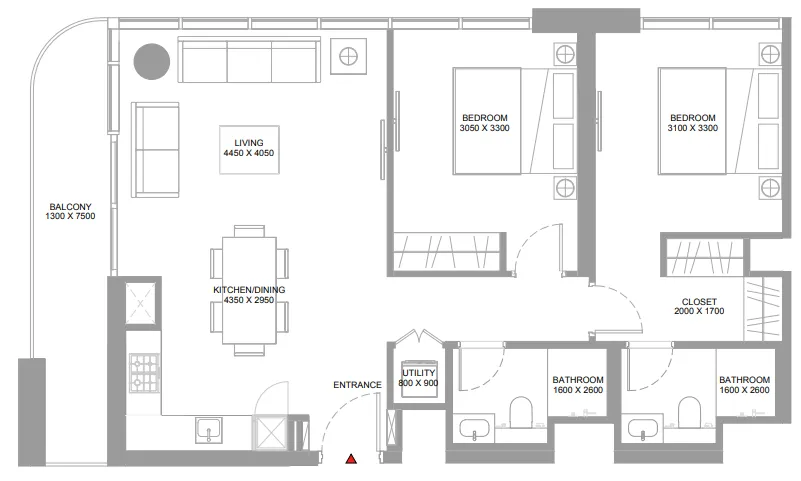 Pristine Beach Residences 2 bed floor plan, 972 – 973 sqft