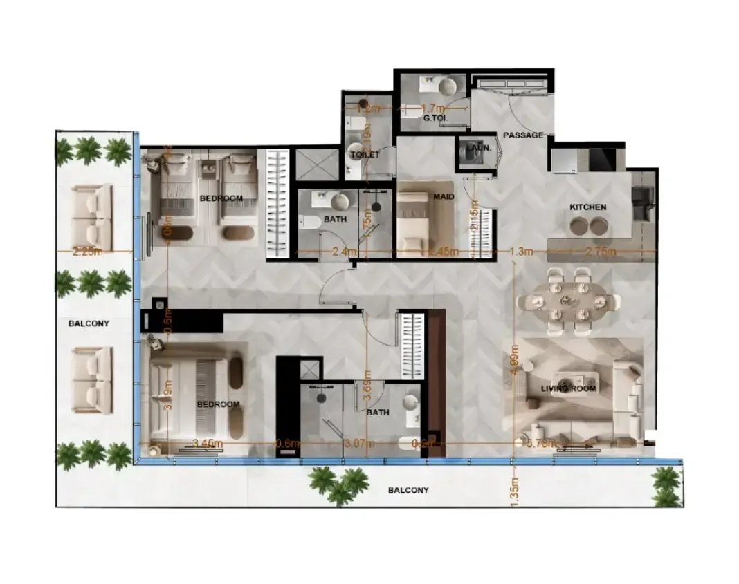 Radiant Terrace 2 bed floor plan, 1,624 sqft