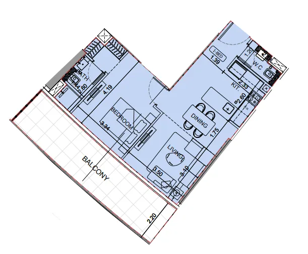 Binghatti Aquarise 1 bed floor plan, 823 sqft
