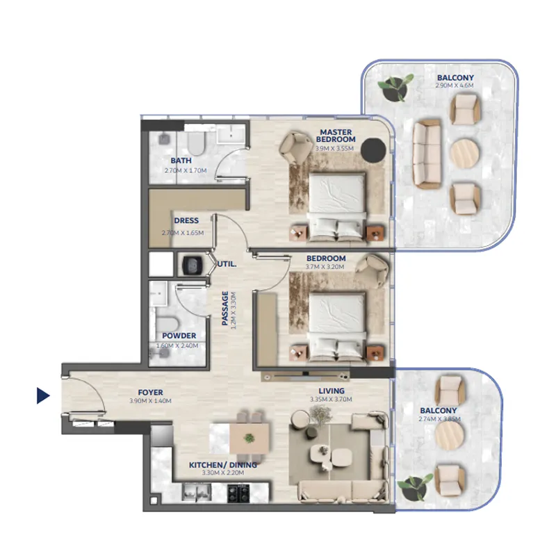 Vedaire Residences 2 bed floor plan, 1,106 sqft