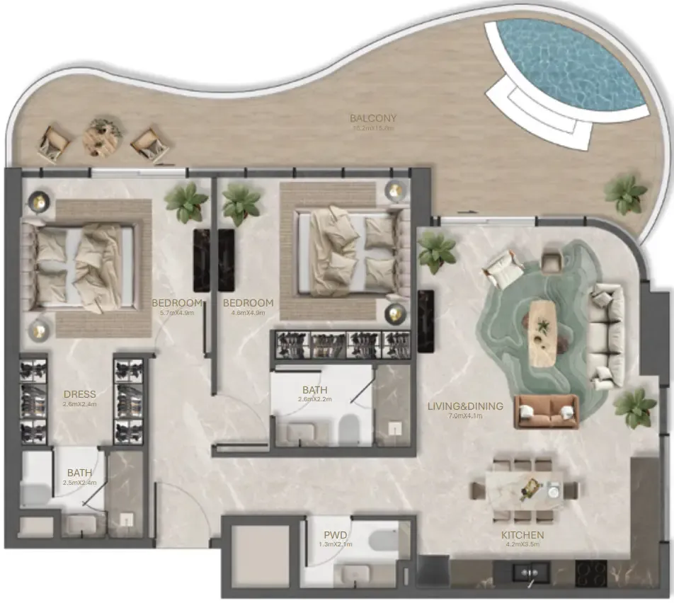 La Perla by BNW Developments 2 bed floor plan, 1,584 – 1,761 sqft