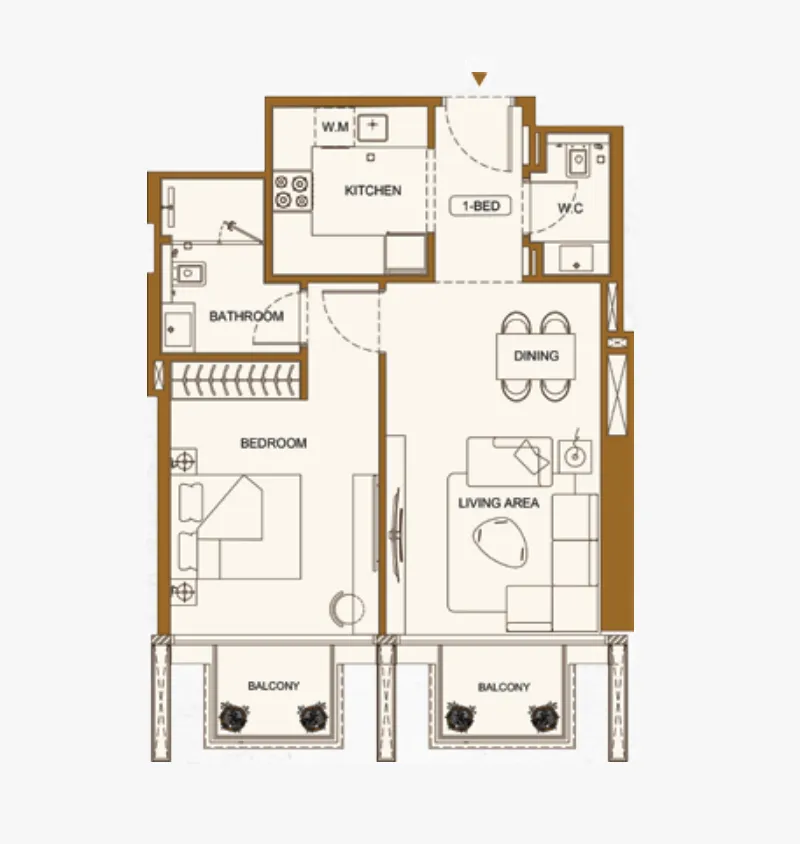 Binghatti Luxuria 1 bed floor plan, 651 – 742 sqft