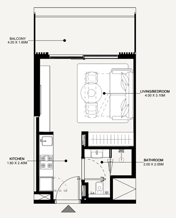 Azizi Abraham Studio floor plan, 349 sqft