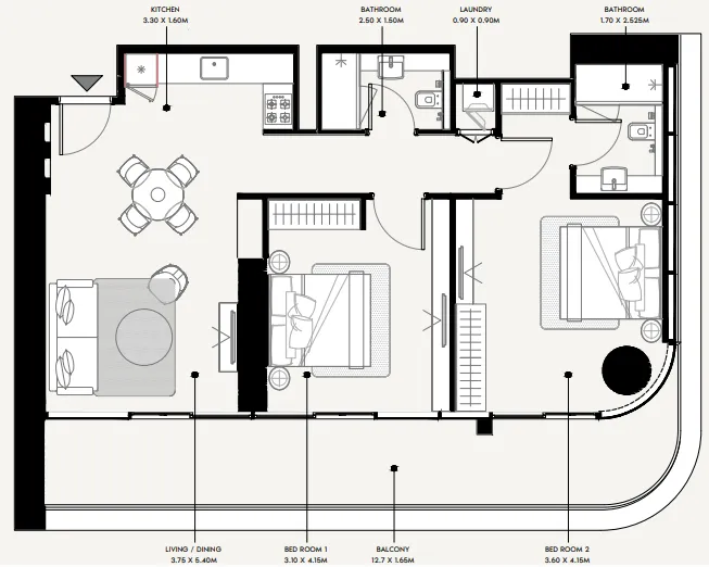 Azizi Milan 2 bed floor plan, 1,160 sqft