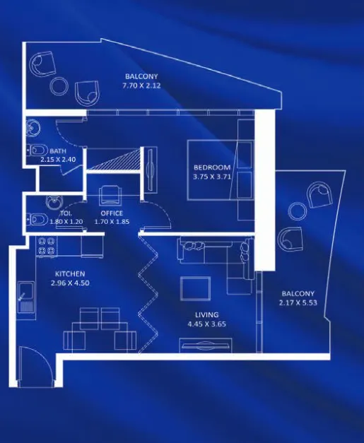 Fashionz 1 bed floor plan, 849 – 873 sqft