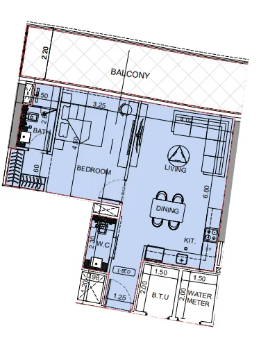 Binghatti Aquarise 1 bed floor plan, 876 sqft