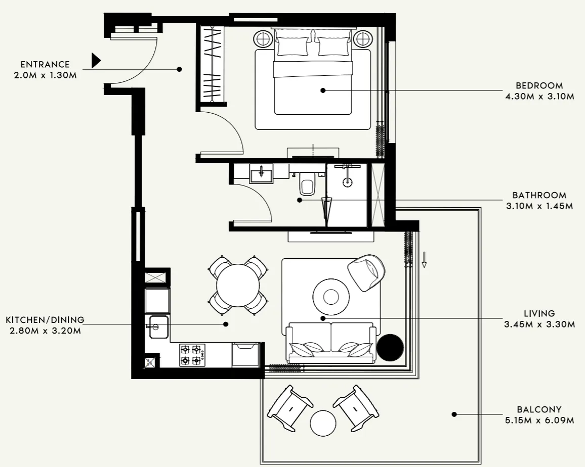 Azizi Venice 1 bed floor plan, 720 sqft