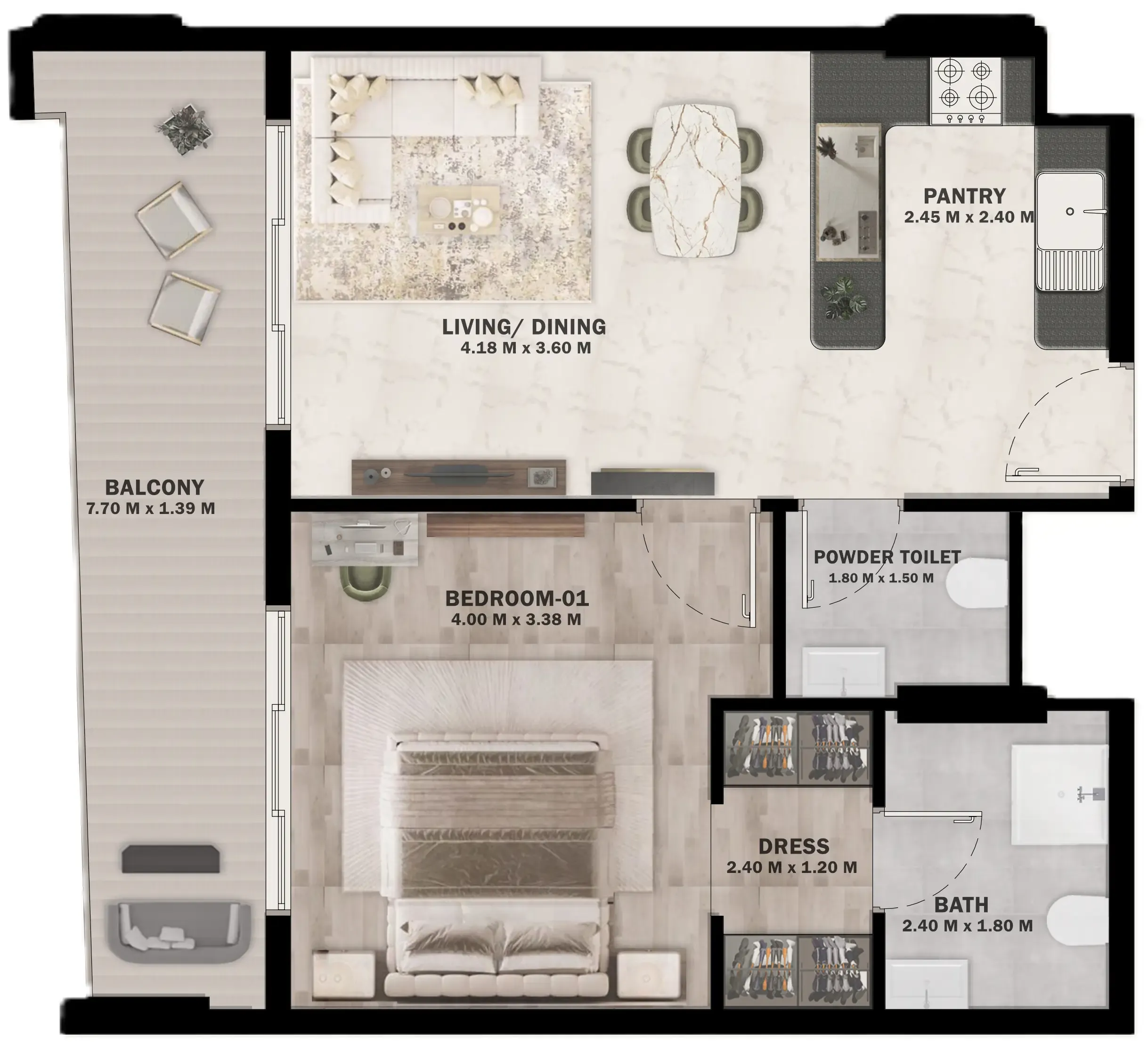 VOI Residence 1 bed floor plan, 698 sqft