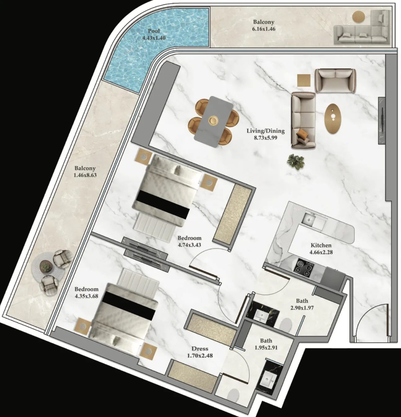 Bayz 102 2 bed floor plan, 1,442 sqft