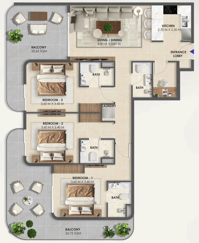 Vivida Residences 3 bed floor plan, 1,730 sqft