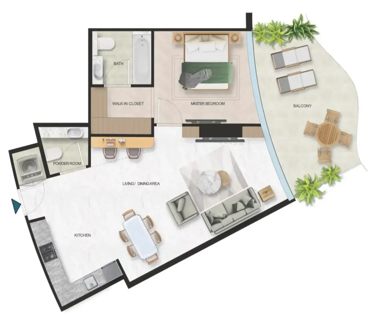Oystra 1 bed floor plan, 976 sqft
