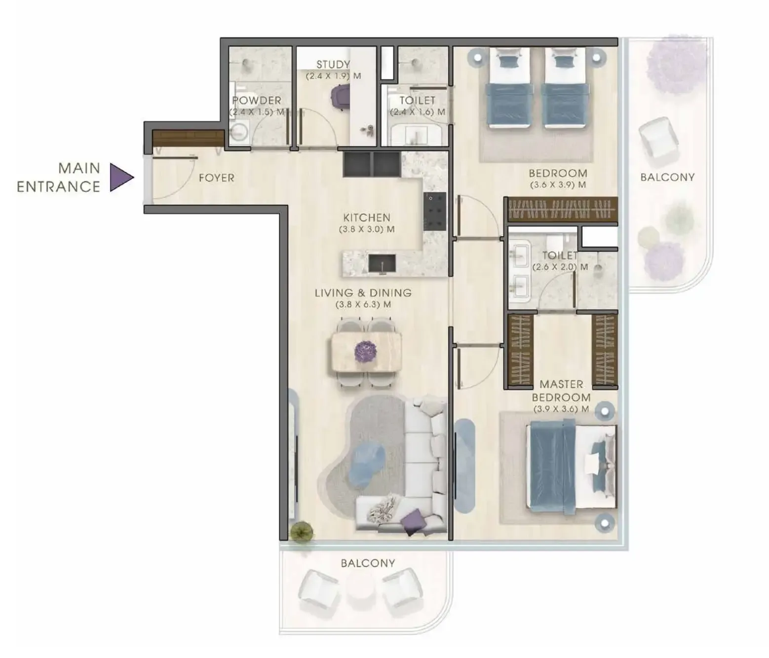 Kaia Residences 2 bed floor plan, 1,336 sqft