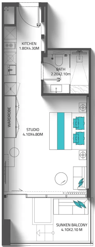 Reef 998 Studio floor plan, 477 sqft