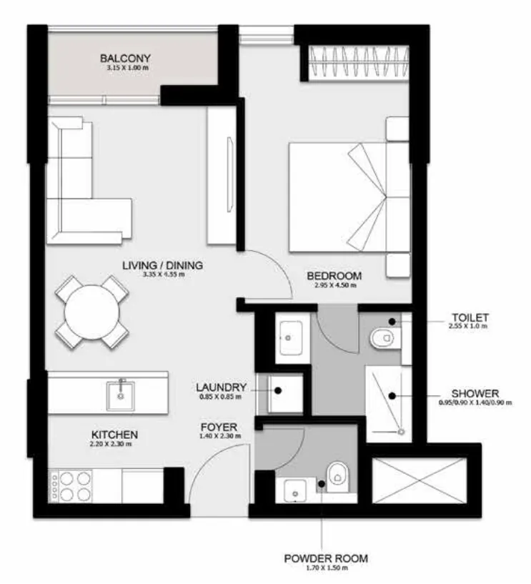 Al Mamsha Sharjah 1 bed floor plan, 752 sqft