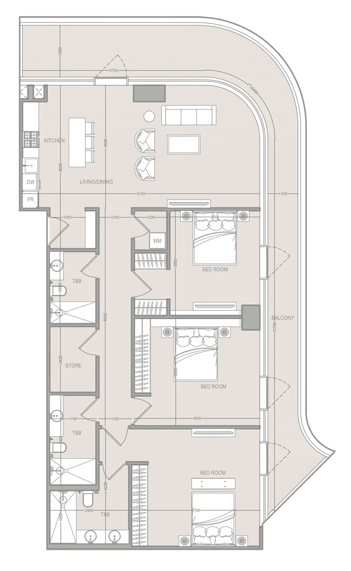 A1LA Residence 3 bed floor plan, 1,919 sqft