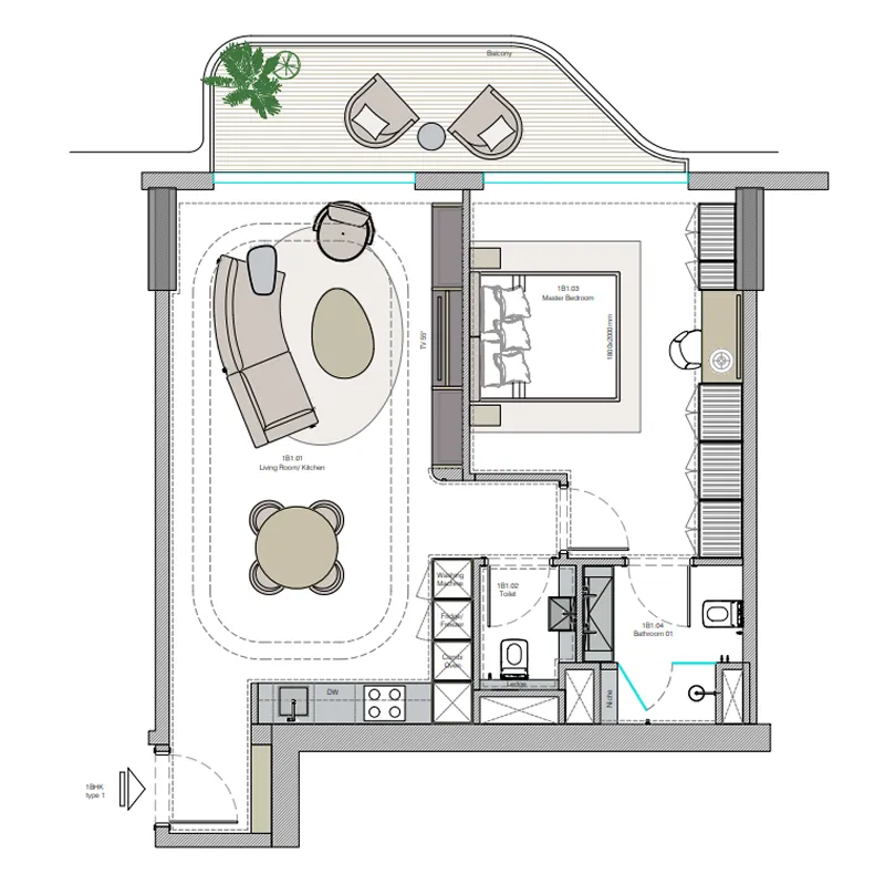 Helvetia Verde 1 bed floor plan, 854 – 889 sqft