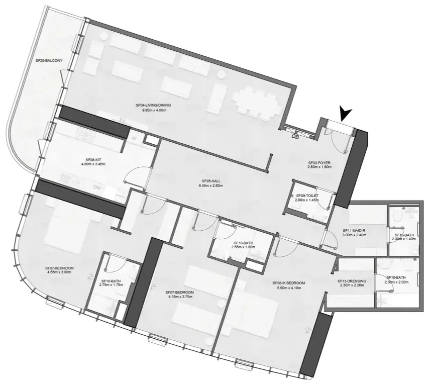 Joud Tower 3 bed floor plan, 2,388 sqft