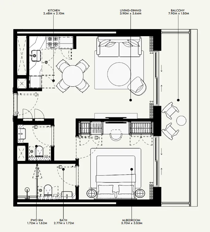 Azizi Venice 1 bed floor plan, 689 sqft