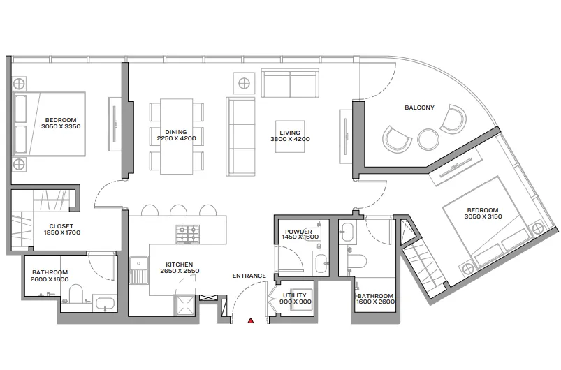 Beach Residences at Siniya Island 2 bed floor plan, 1,027 sqft