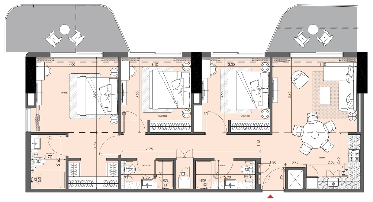 Azizi Wasel 3 bed floor plan, 1,341 sqft