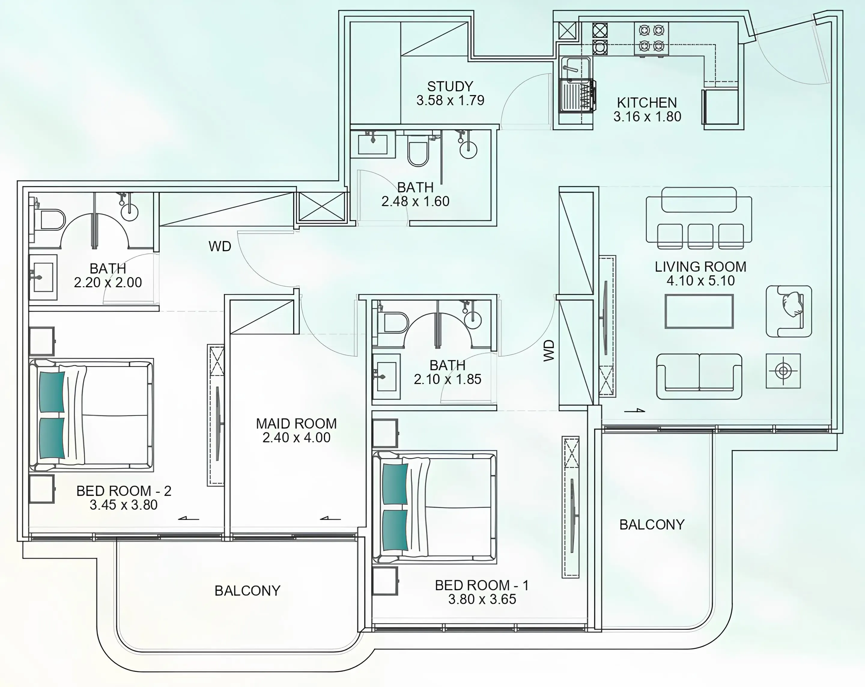 Floarea Breeze 2 bed floor plan, 1,370 sqft