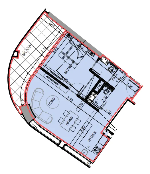 Binghatti Skyrise 1 bed floor plan, 831 sqft