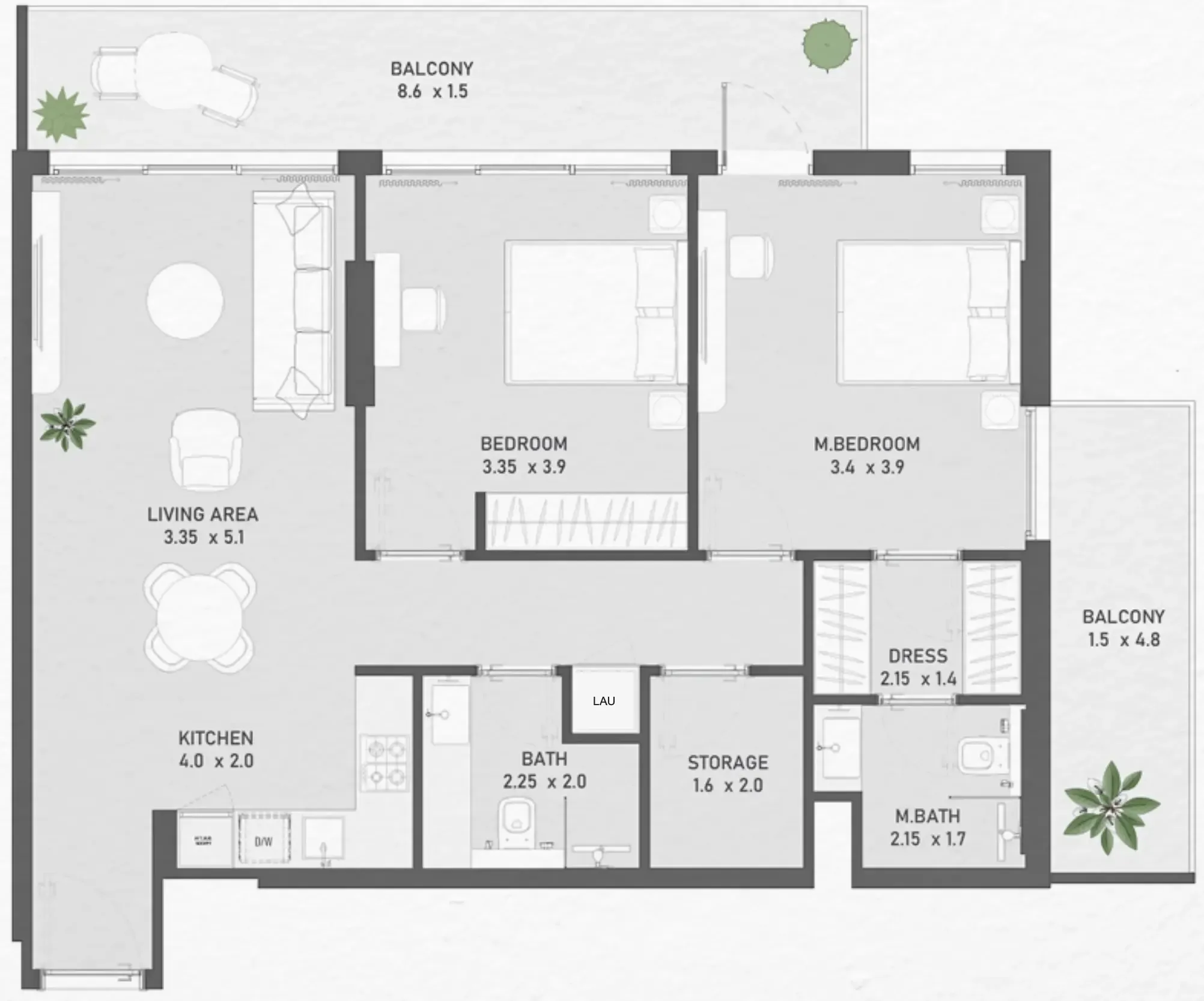 Ayami Residence 2 bed floor plan, 1,085 sqft