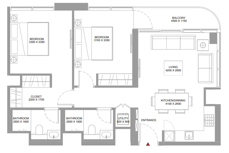 Pristine Beach Residences 2 bed floor plan, 864 sqft