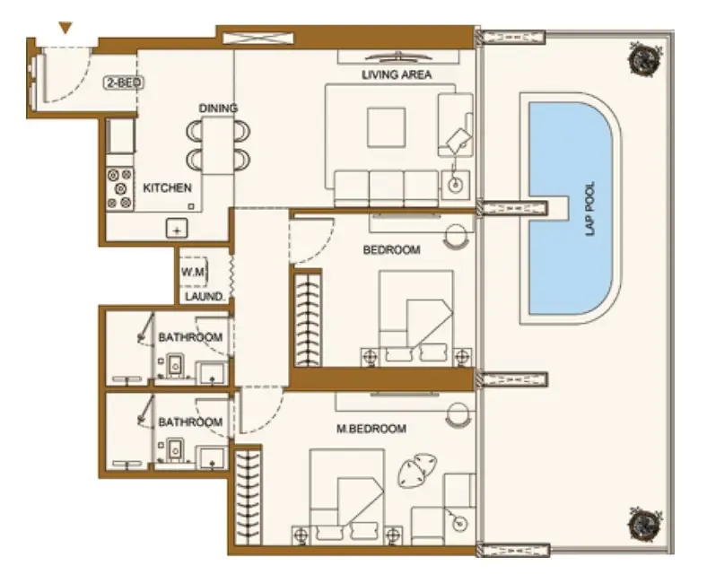 Binghatti Luxuria 2 bed floor plan, 963 sqft