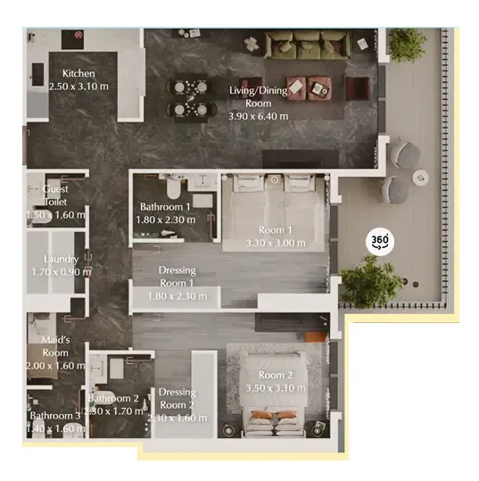 Bab Al Qasr Garden Residences 65 2 bed floor plan, 1,222 sqft