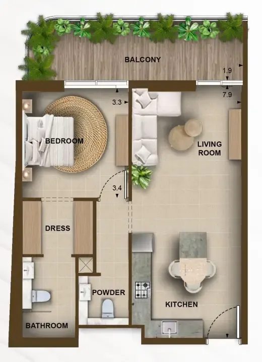105 Residences by Kamdar 1 bed floor plan, 734 – 739 sqft