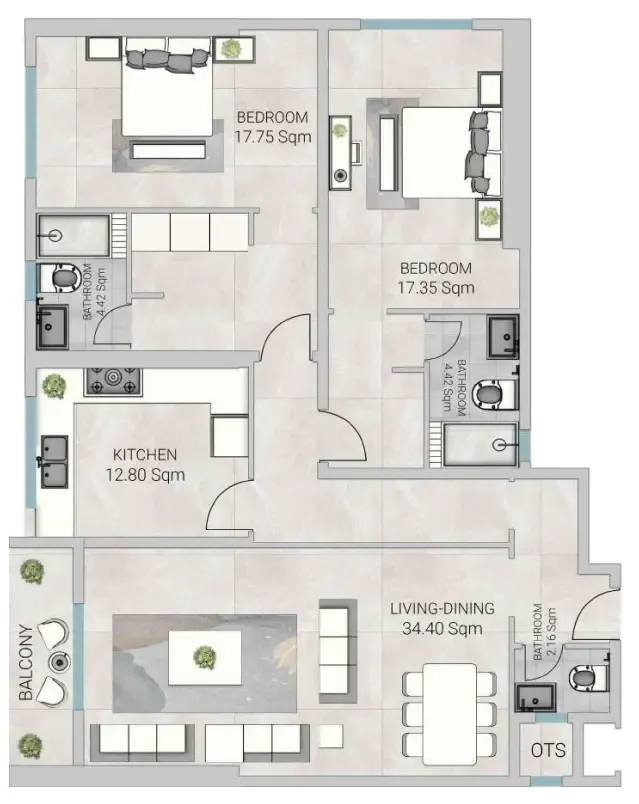 Al Ameera Village 5 2 bed floor plan, 1,948 sqft