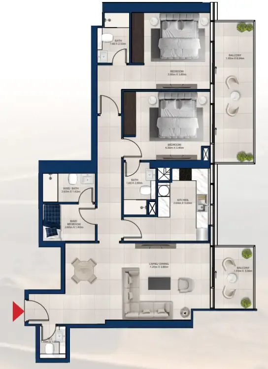 Al Vista 2 bed floor plan, 1,425 sqft