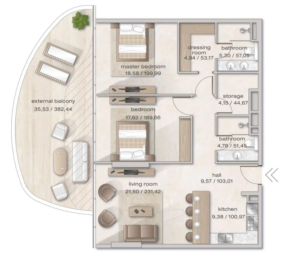 Zephyra Residences 2 bed floor plan, 1,520 sqft