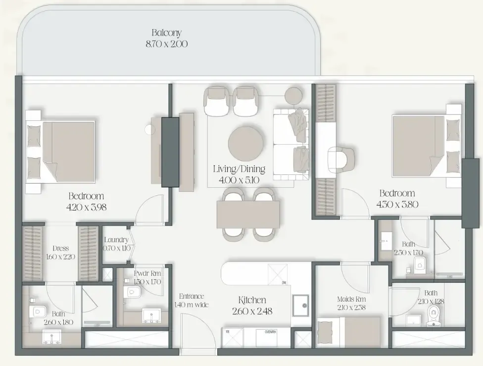 The Caden by Prescott 2 bed floor plan, 1,226 – 1,237 sqft