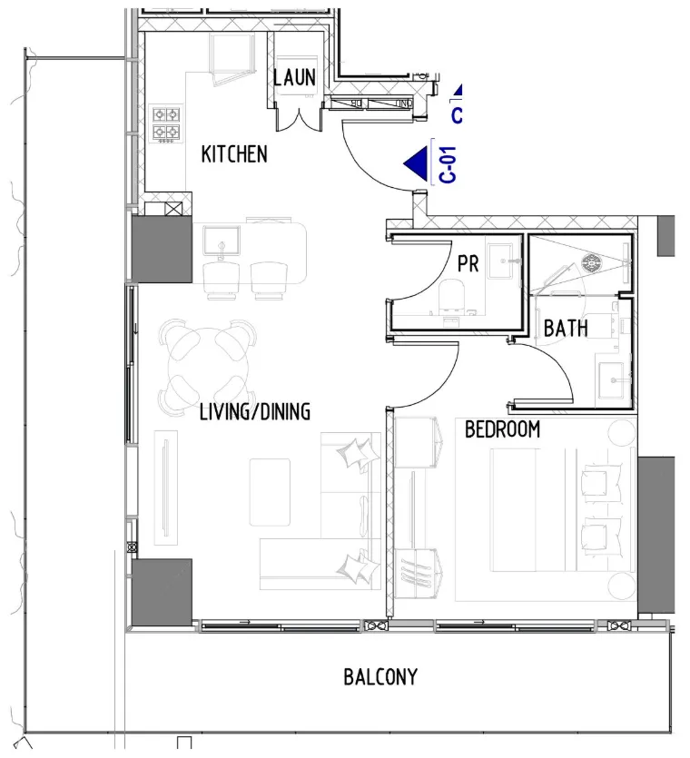 Chelsea Residences 1 bed floor plan, 932 sqft