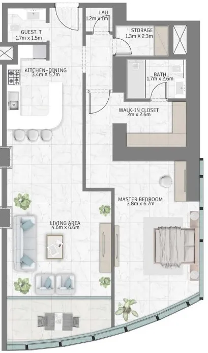 Al Habtoor Tower 1 bed floor plan, 1,255 – 1,298 sqft
