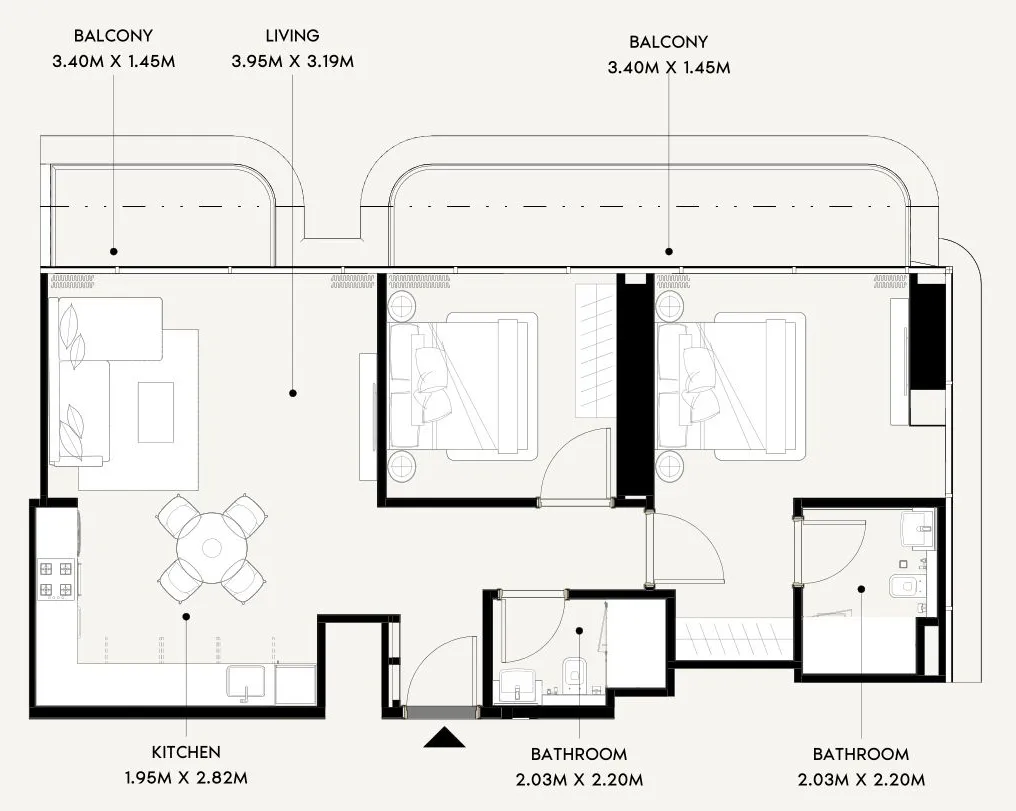 Azizi Wares 2 bed floor plan, 1,015 sqft