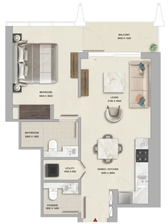 The Pinnacle at Sobha Central 1 bed floor plan, 610 – 611 sqft