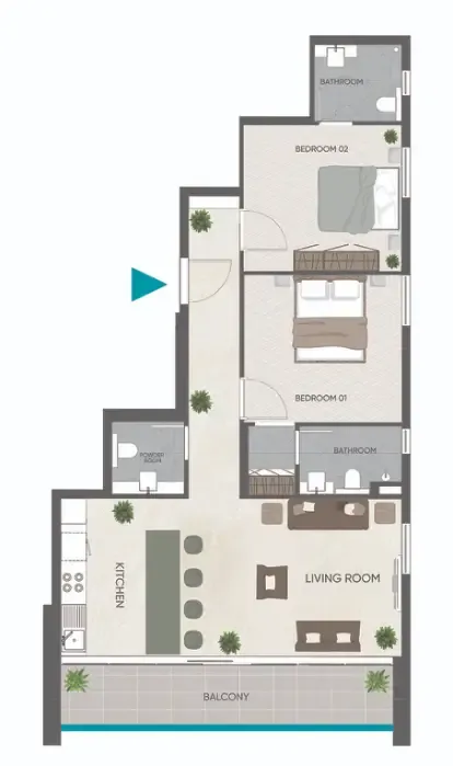 Eden Golf Views 1 2 bed floor plan, 1,077 sqft