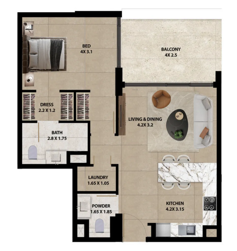 Marquis Horizon 1 bed floor plan, 785 sqft