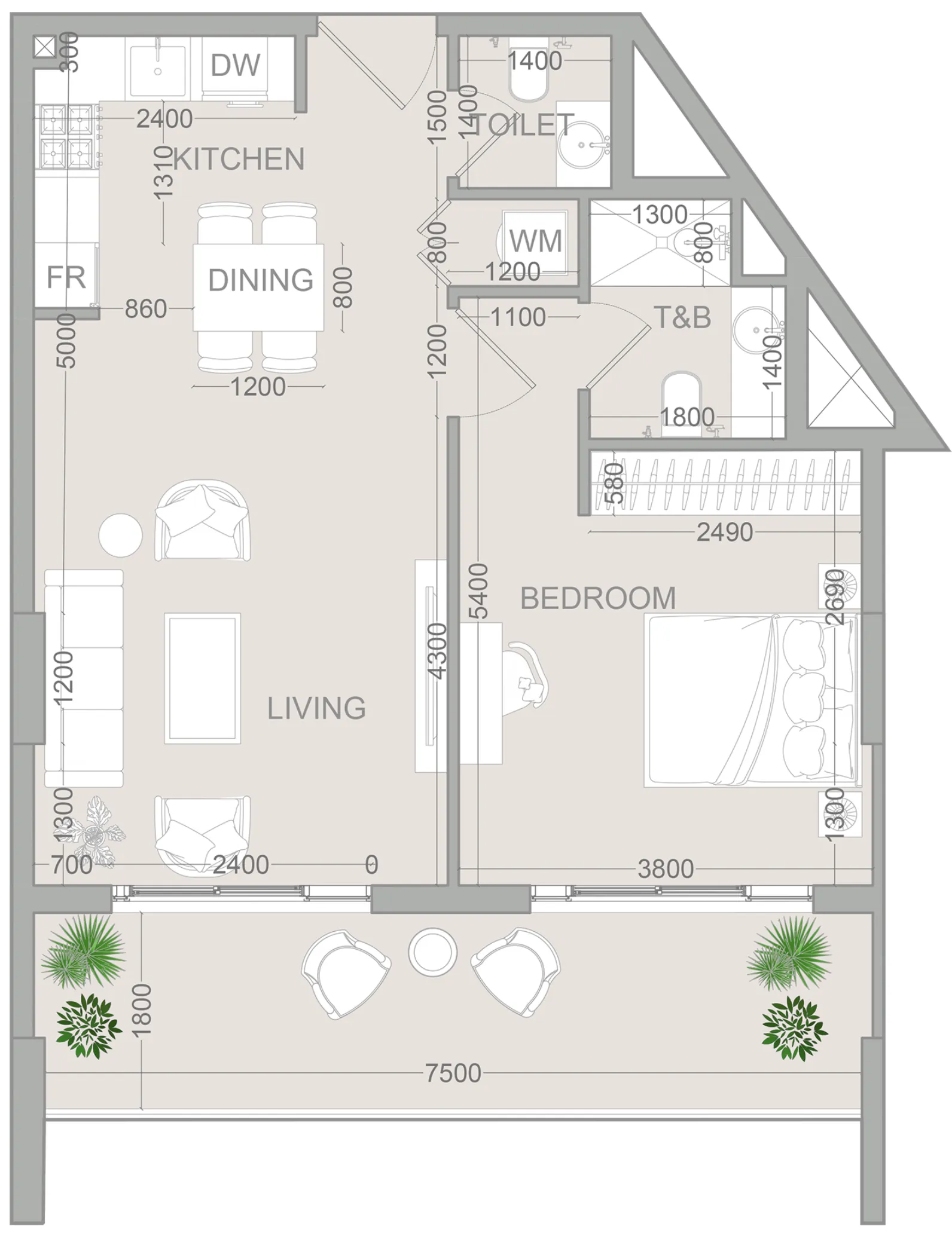 VERDAN1A 2 1 bed floor plan, 783 sqft