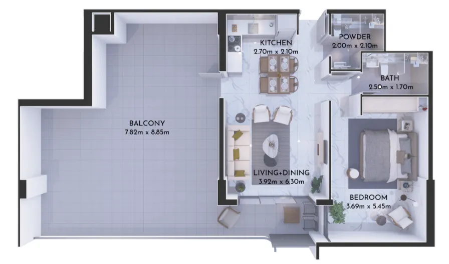 Olivia Residences 1 bed floor plan, 1,416 sqft