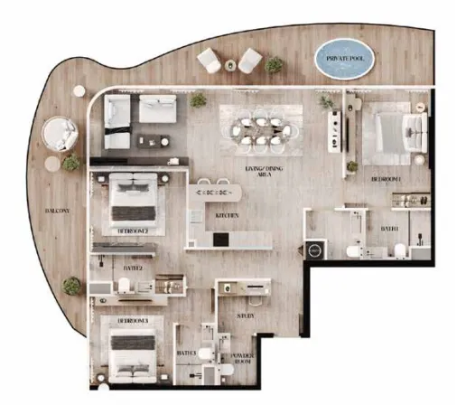 Agua Residences 3 bed floor plan, 1,753 sqft